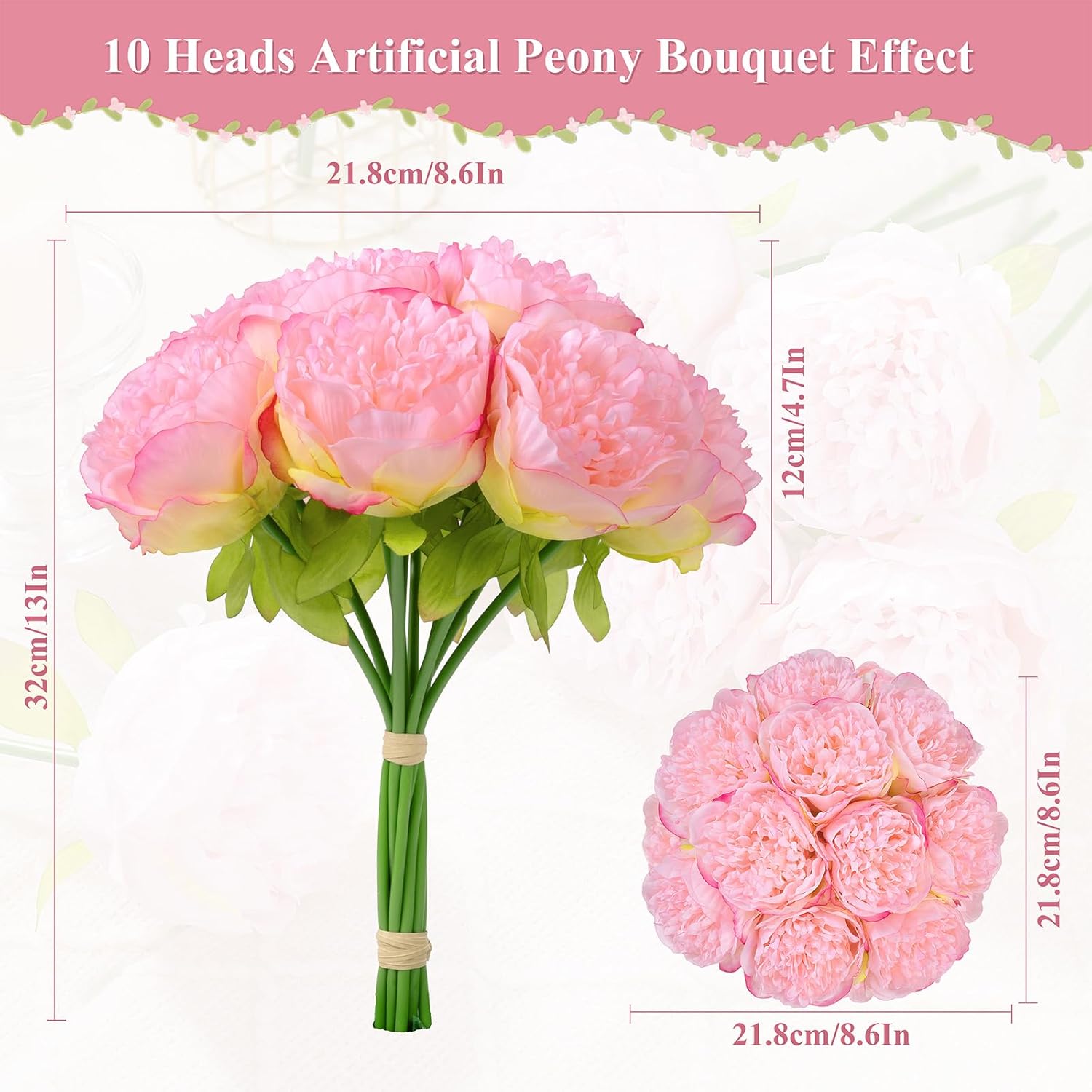 U'Artlines 2 Bouquet 10 Heads Artificial Peony Silk Flower Leaf Home Office Wedding Party Festival Bar Decor (Pink)
