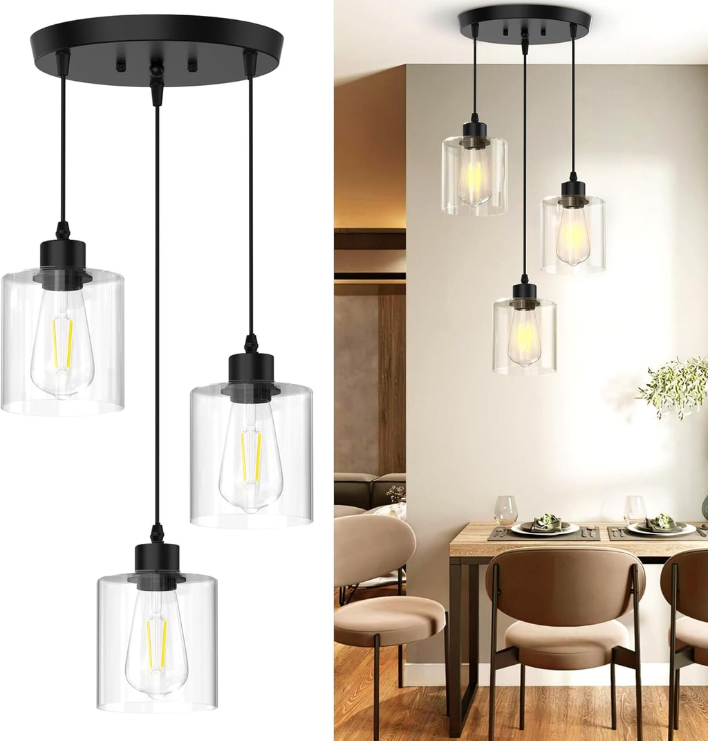 3-Light Pendant Lighting for Kitchen Island, Dining Room, Hallway, Foyer, Entryway, Matte Black Ceiling Light Fixture with Clear Glass and Upgraded 4.7" Shades