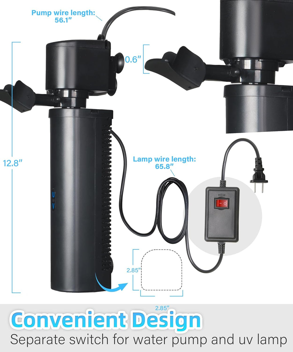 Aquarium Filter U-Very Suitable for 40-150 Gallon Tank, 400GPH Fish Tank Filters for Green Control, Internal Submersible Pump for Turtle Tank, Small Pond, Pool Filter, Cold Plunge Ice Bath Hot Tub