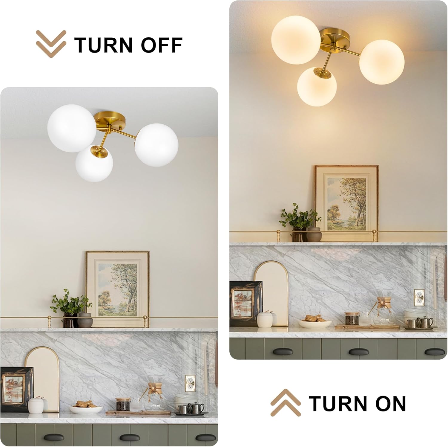 Maxax 17" Gold Ceiling Light, 3 Lights Modern Flush Mount Fixture with Opal Milk Glass Globe, Mid Century Brass Semi Chandelier, Sputnik Ceiling Lamp for Living Room, Dining Room, Bedroom, Entryway