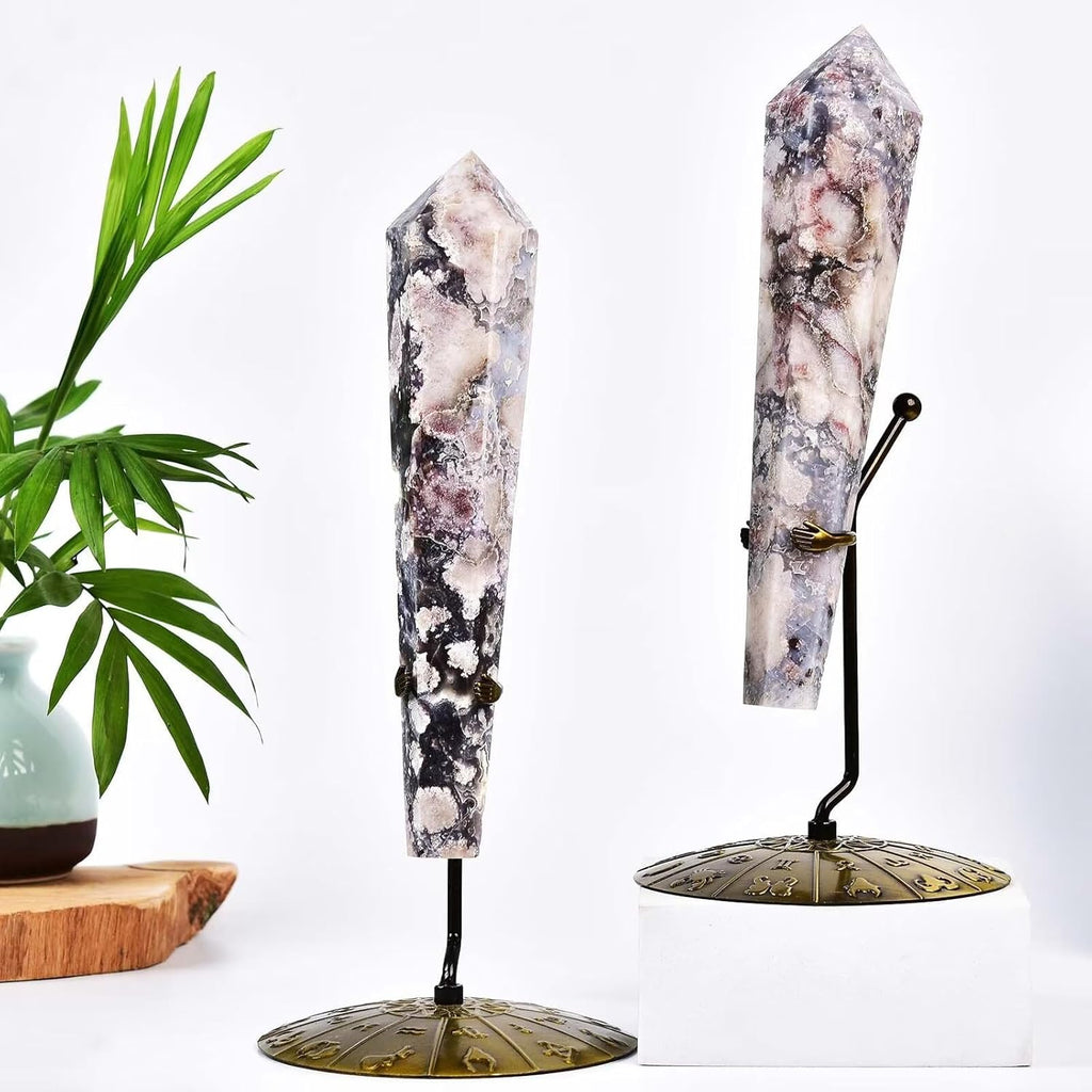 Blue Flower Agate Wand Point Long Healing Crystal Scepter Decorative Stone Reiki Meditation with Display Stand Home Office Decor 0.4-0.6LBS