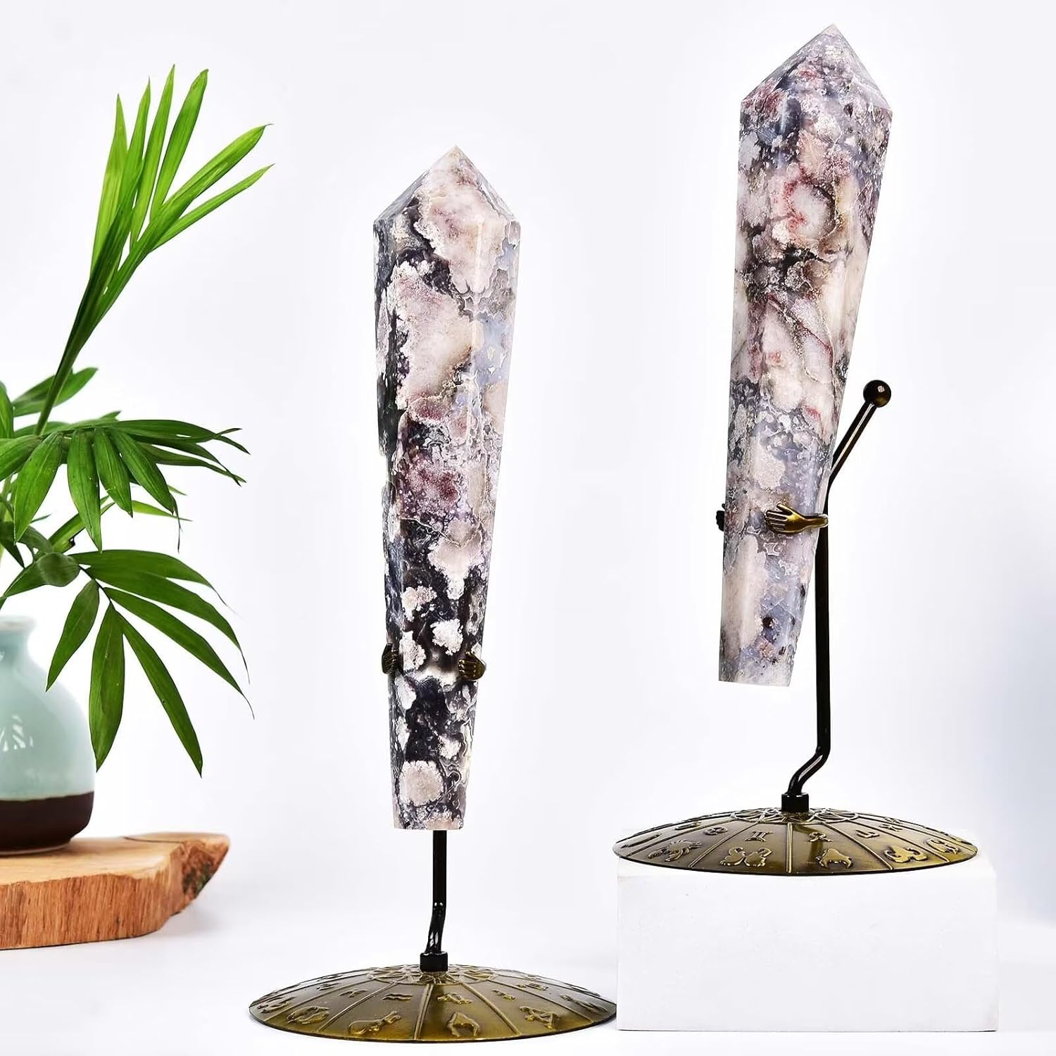 Blue Flower Agate Wand Point Long Healing Crystal Scepter Decorative Stone Reiki Meditation with Display Stand Home Office Decor 0.4-0.6LBS