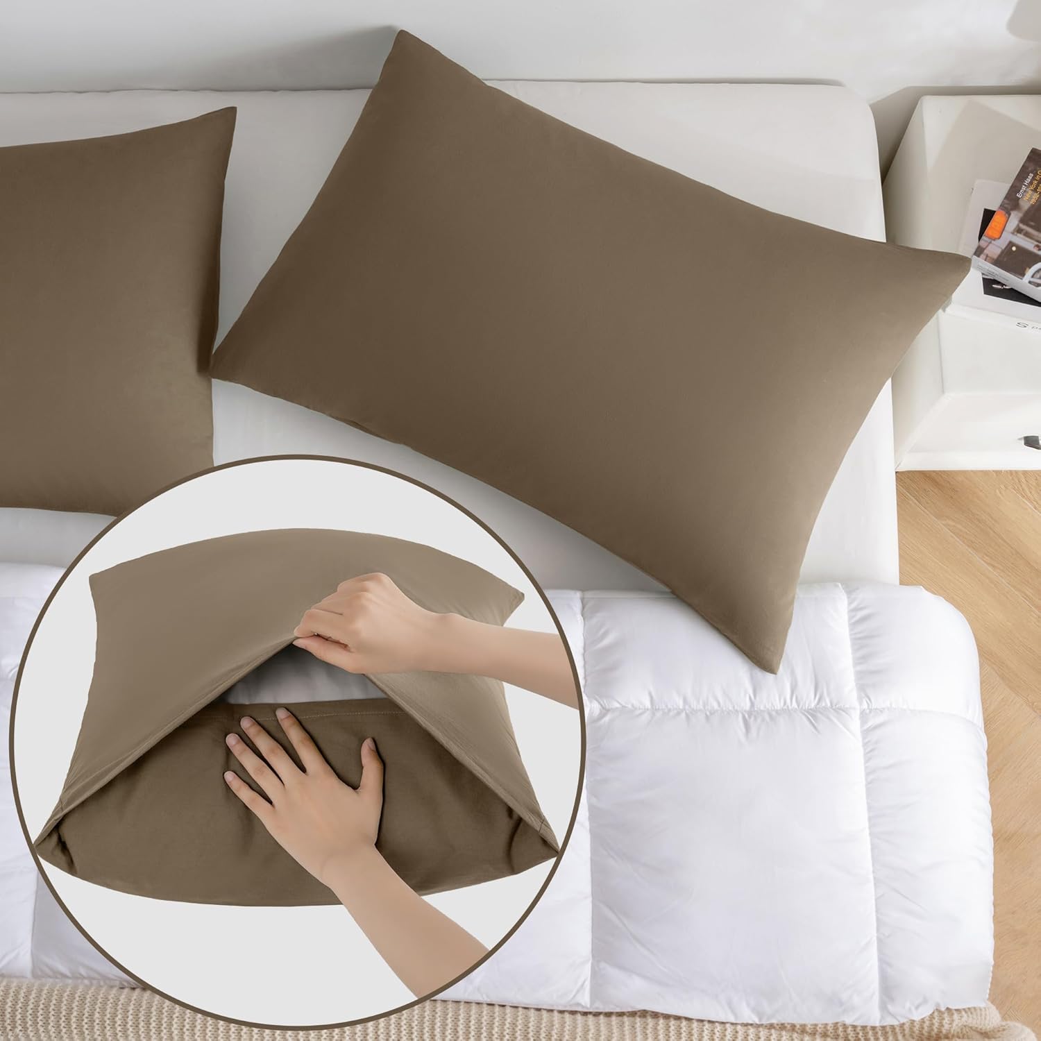 JELLYMONI Pillowcases King Set of 2 Cotton Envelope Pillow Covers Khaki 20×36in Bed Pillow Cases 100% Washed Cotton Soft Breathable (Pillows are not Included)
