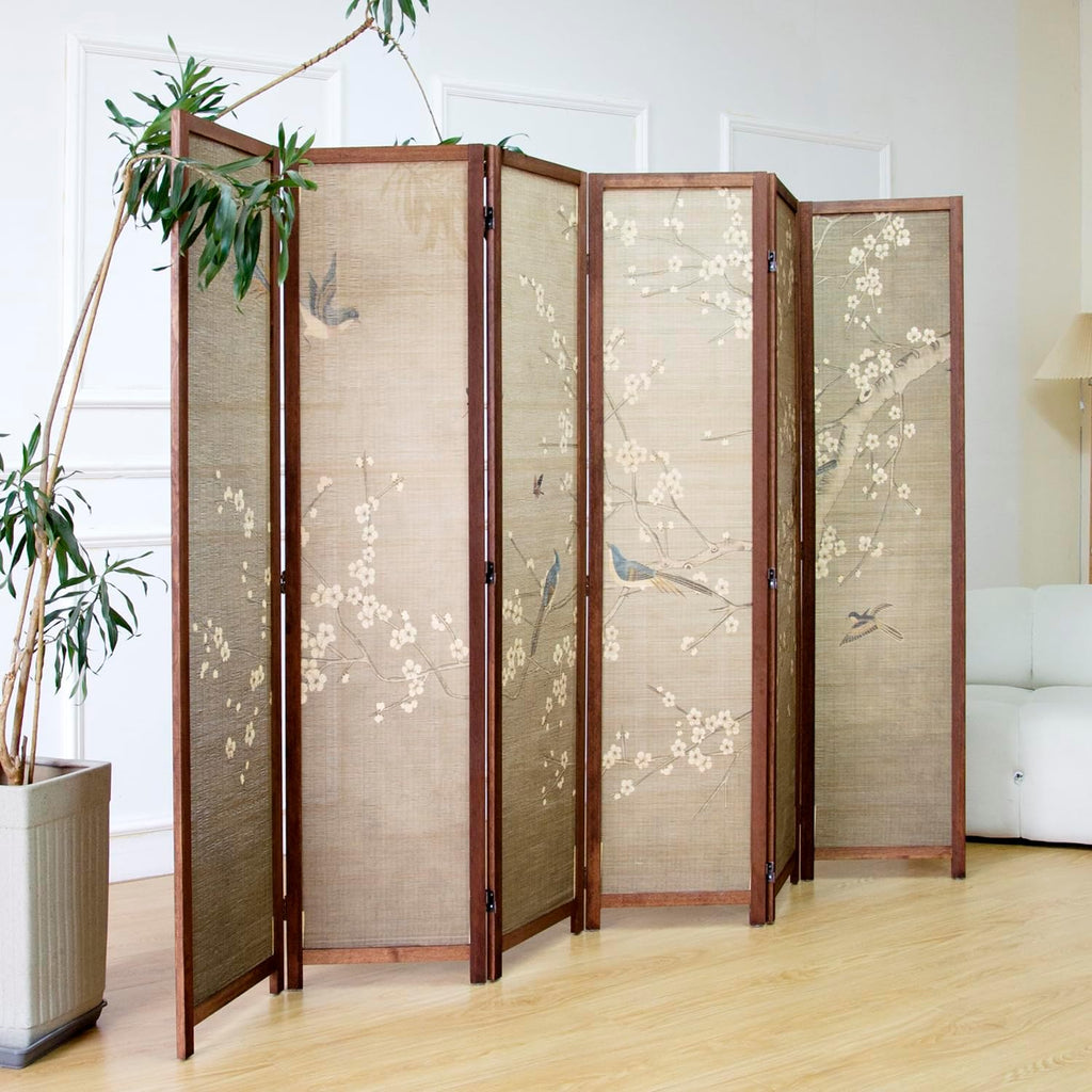 6 Panel Room Divider Screen and Folding Panel Screen,Double Sided Bamboo Divider for Room Separation,White Plum and Birds,67" H x 63" W,67" H x 94.5" W