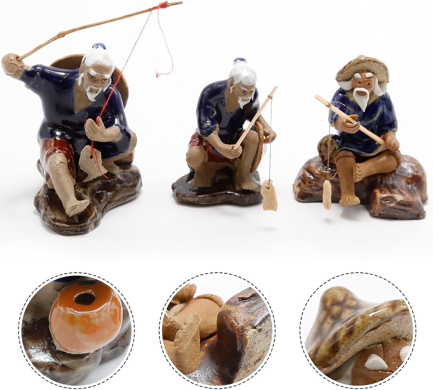 3 PCS Fisherman Statue Fishing Ornament Bonsai Tree Pot Chinese Clay Man Ceramic Fishing Ornament Garden Decoration Fish Tank Bonsai Garden Decoration