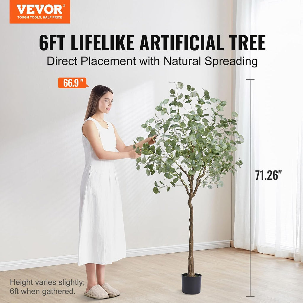 VEVOR Artificial Eucalyptus Tree, 6 FT Faux Plant, Secure PE Material & Anti-Tip Tilt Protection Low-Maintenance Plant, Lifelike Green Fake Potted Tree for Home Office Christmas Decor Indoor Outdoor