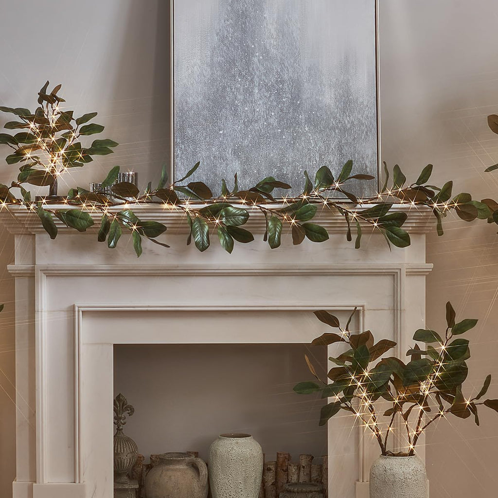 Fudios Magnolia Lighted Garland with Timer 6FT 80 LED Fairy Lights Battery Operated or USB Plug in, Artificial Greenery Garland Lights for Spring Holiday Party Mantle Decoration