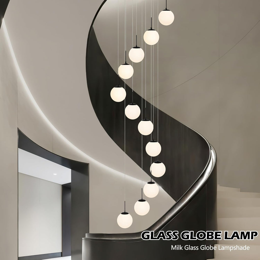 KoKo&Yukina 12-Light Black Mid Century Modern Chandelier for Living Room Staircase Chandelier for Entryway Globe Milky White Glass Pendant Light High Ceiling Chandeliers Foyer (Bulb & Remote Incl.)