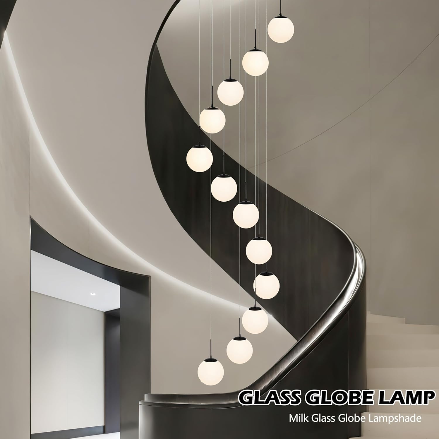 KoKo&Yukina 12-Light Black Mid Century Modern Chandelier for Living Room Staircase Chandelier for Entryway Globe Milky White Glass Pendant Light High Ceiling Chandeliers Foyer (Bulb & Remote Incl.)
