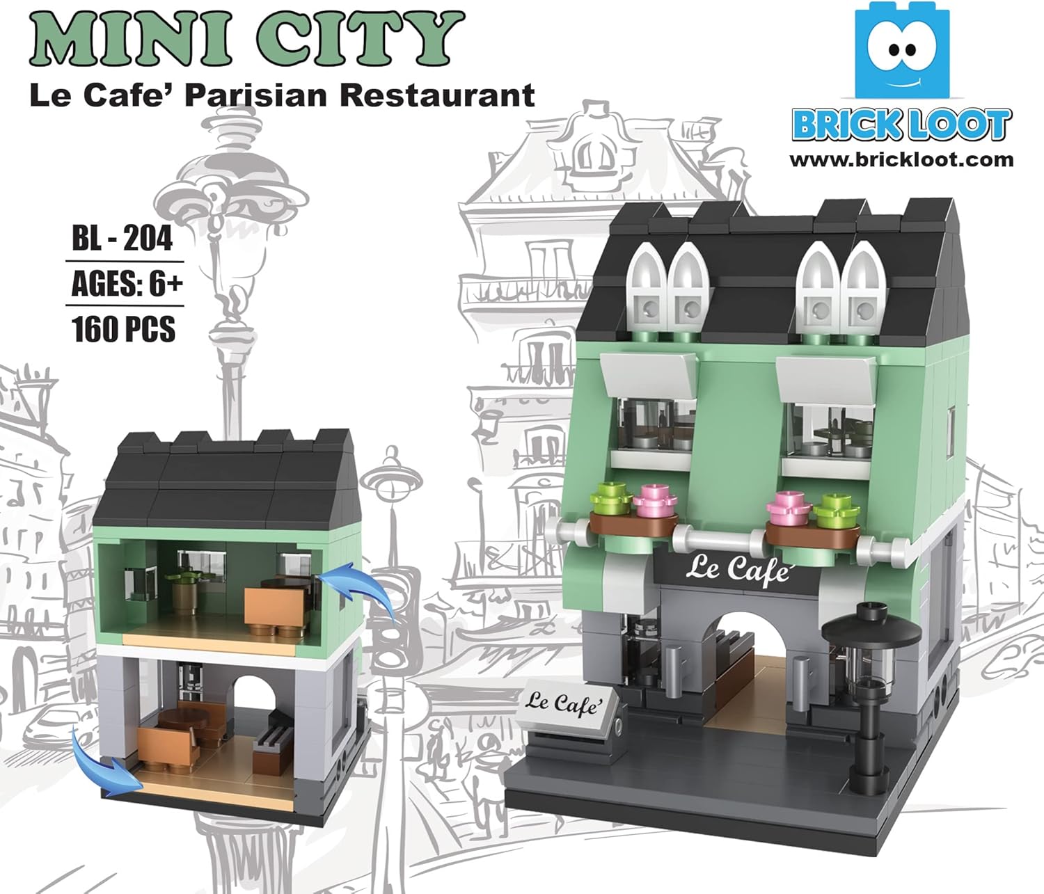 Brick Loot Mini City Parisian Restaurant “Le Café” – Lego-Compatible Modular Mini Bricks Café Building Set, City Blocks Kit for Kids & Adults, French Bistro Storefront DIY Model, Display Collectible
