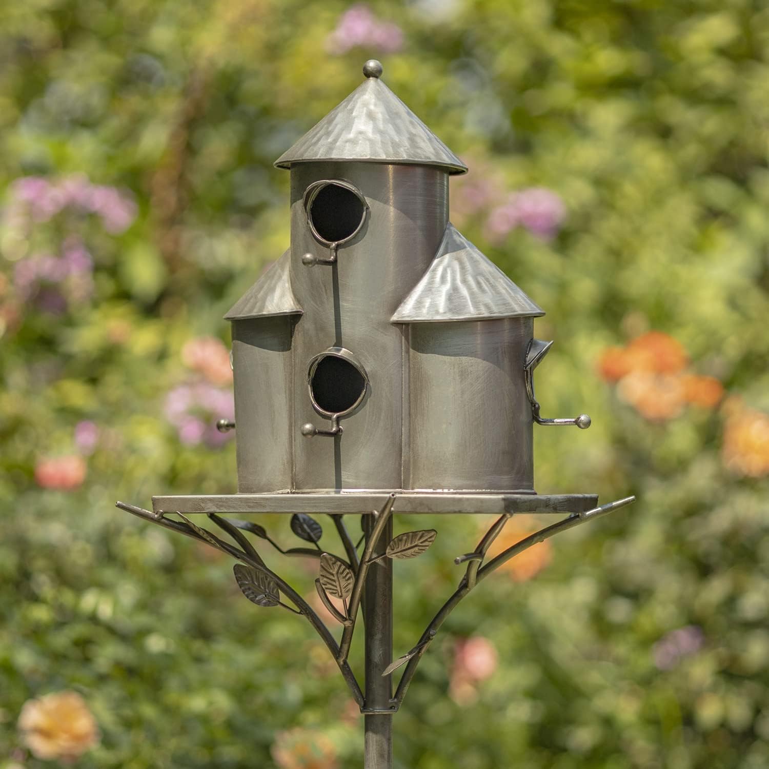Zaer Ltd. Large Silver Colored Multi-Birdhouse Stakes, Room for 4 Bird Families in Each (Plump Triple Cylinder Homes (Silver Color))