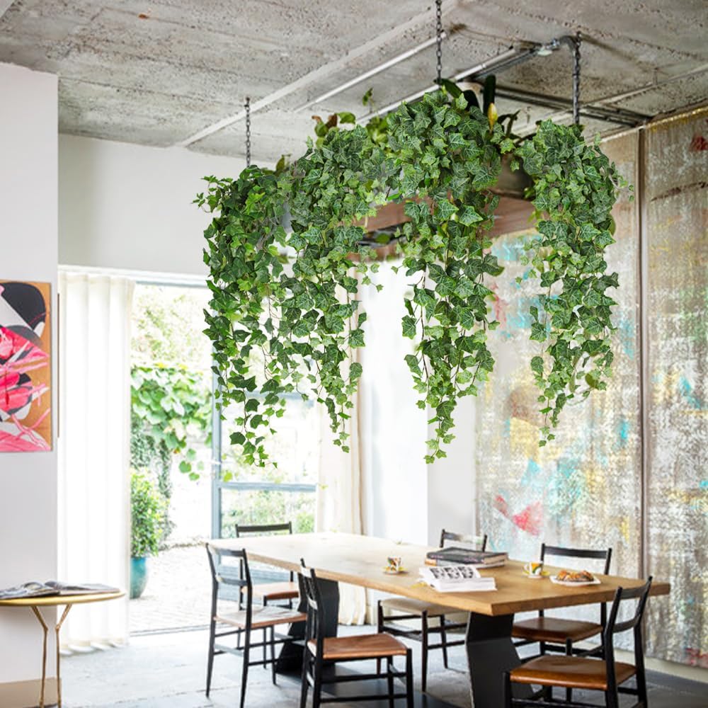 RECUTMS 39.4’’ Fake Ivy Vine Hanging Plant Greenery Artificial Leaves Garland for Indoor Outdoor House Room Patio Shelf Office Wedding Decor (Green and White)