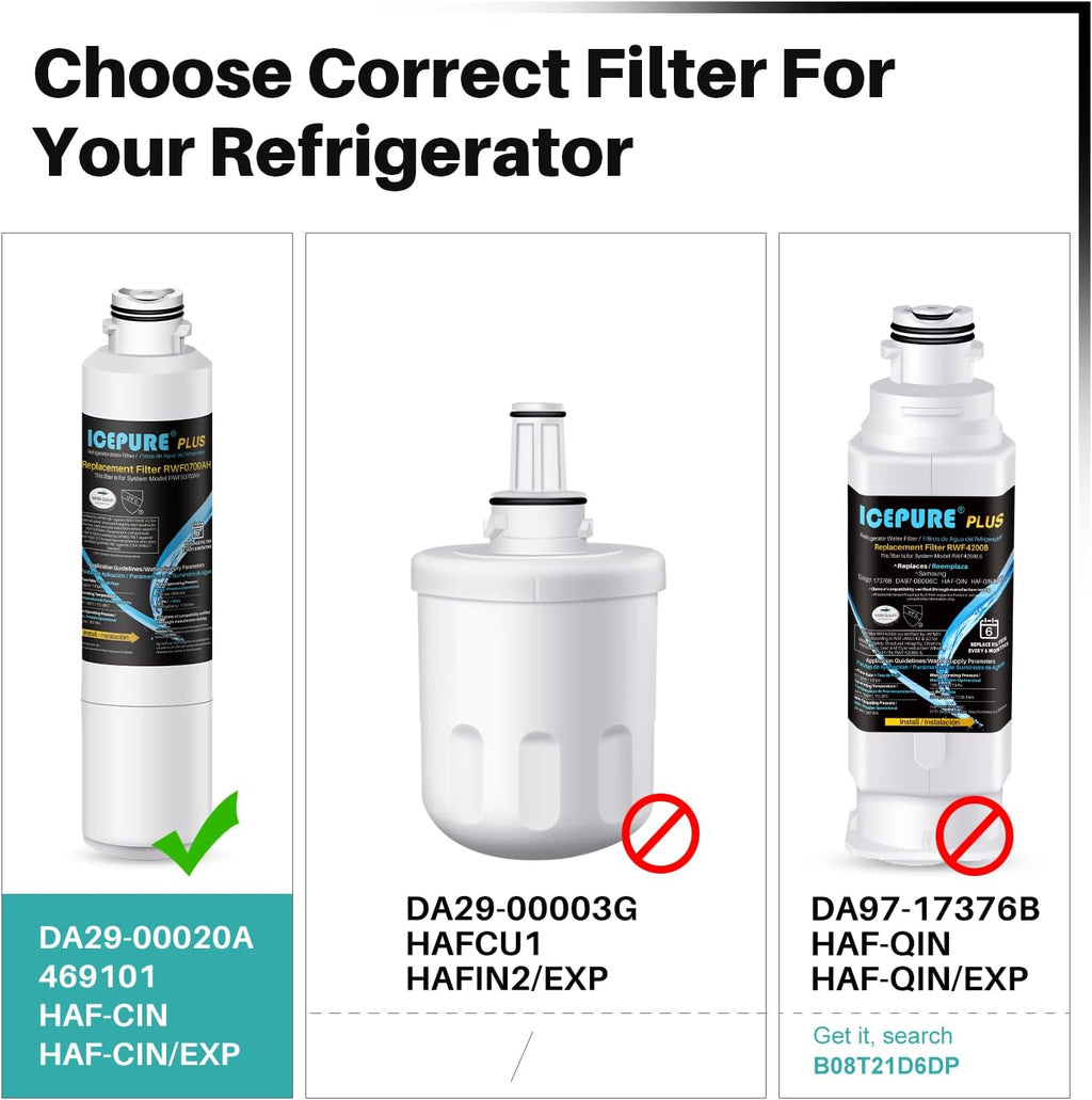 ICEPURE PLUS NSF/ANSI 53&42 DA29-00020B Refrigerator Water Filter,Replacement for Samsung DA97-08006A, DA29-00020A, RF28JBEDBSG, HAF-CIN/EXP, HAF-CIN, KENMORE 469101, RF28HMEDBSR, RF4287HARS,4PACK