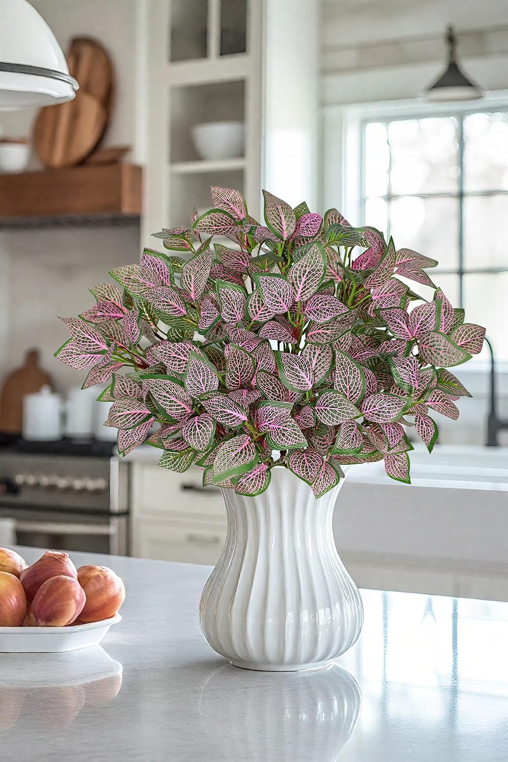 Hollyone 5 Bundles Artificial Greenery Plants Stems Faux Fittonia Leaves Plant Bouquet Fillers for Arrangement, Fake Shrub Bushes Plants for Home Centerpiece Indoor Outdoor Garden Patio Porch