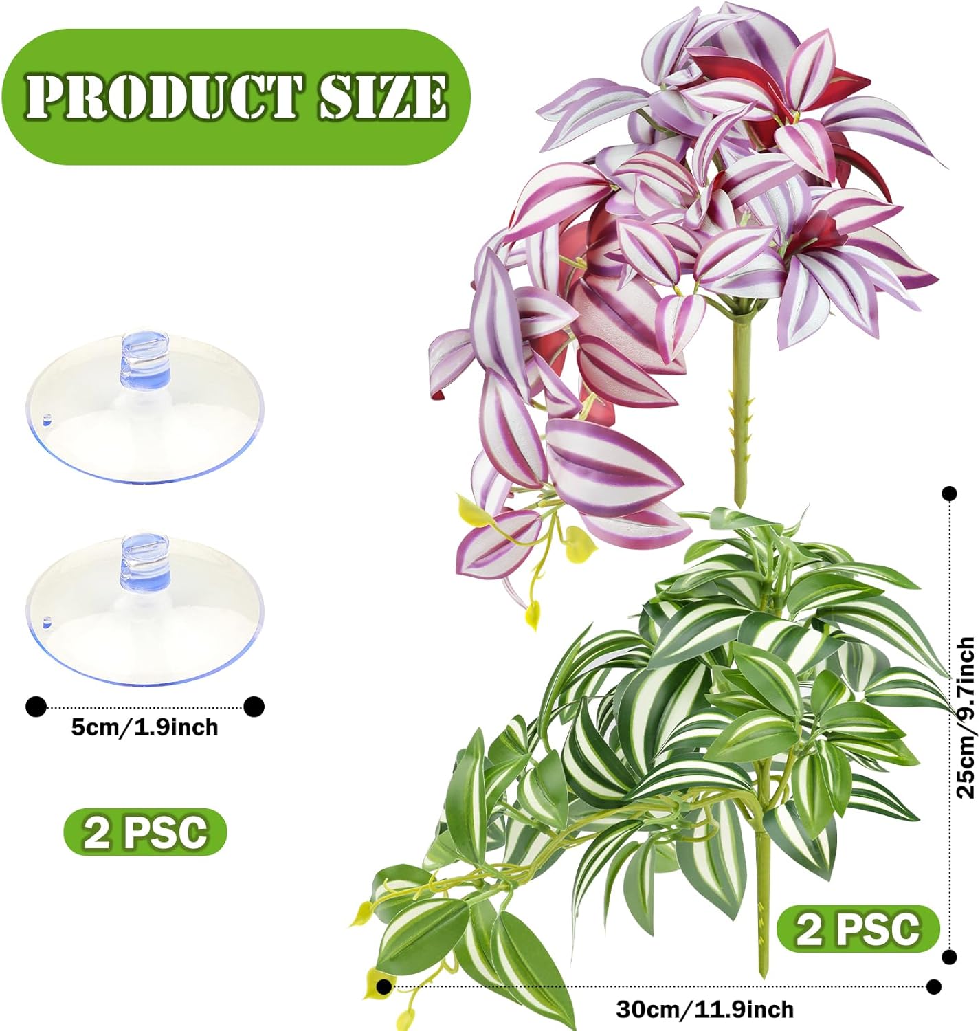 2 Pack Reptile Plants, Artificial Hanging Plants with Suction Cups, Habitat Decor Plastic Vines Decorations for Bearded Dragons Lizards Snake Geckos Frogs -Purple and Green