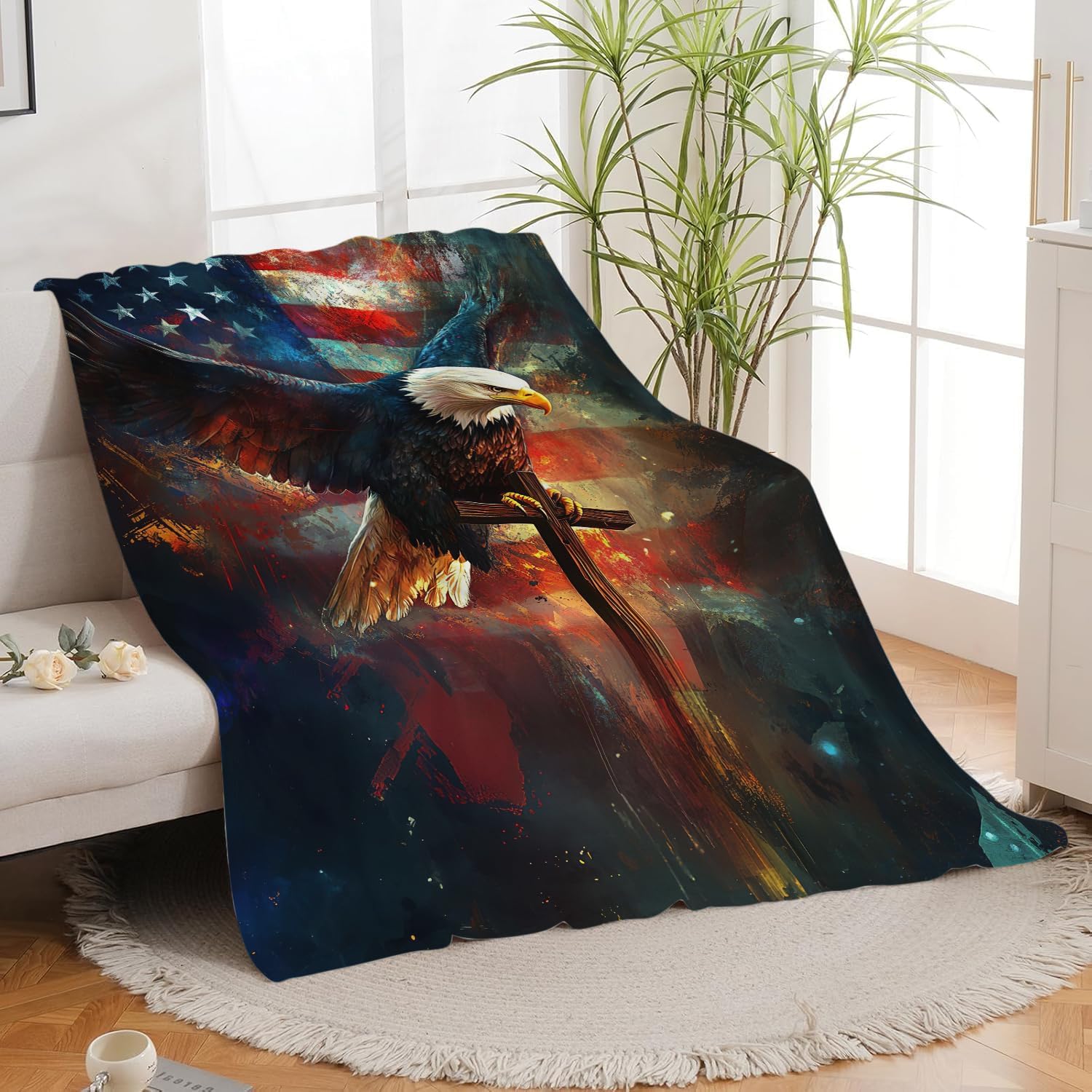 Bald Eagle Blanket American Flag Eagle Throw Blanket Gifts for Men Women Boys Girls Kids Adults Super Soft Cozy Plush Fluffy Fuzzy Fleece Blanket Home Decor 40''X50''
