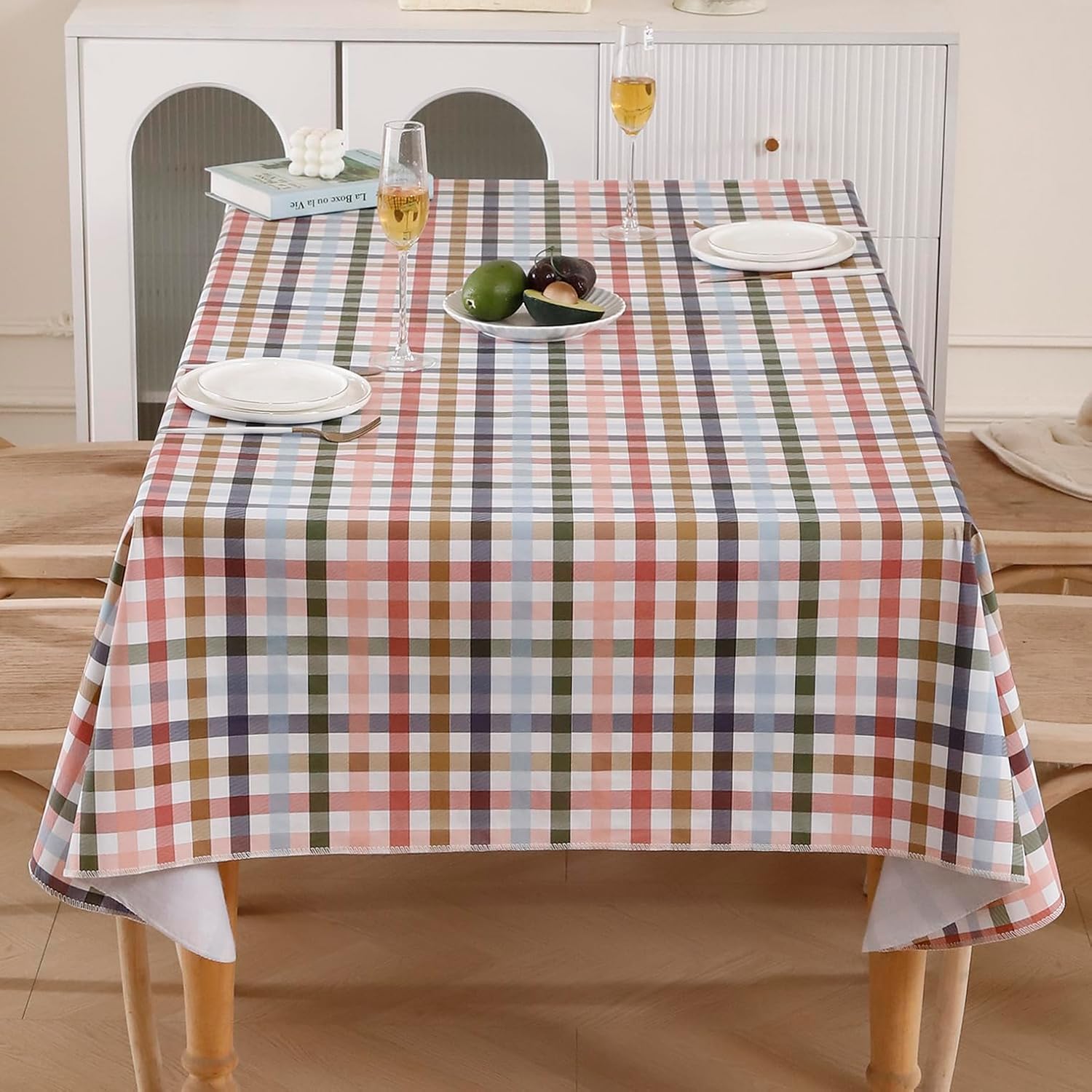 Heavy Duty Vinyl Tablecloth with Flannel Backing Waterproof Oil-Proof Plastic Table Cloth Stain-Resistant Wipeable Rectangle or Square Table Cover for Indoor and Outdoor (Color Checkered,52x70 Inch)