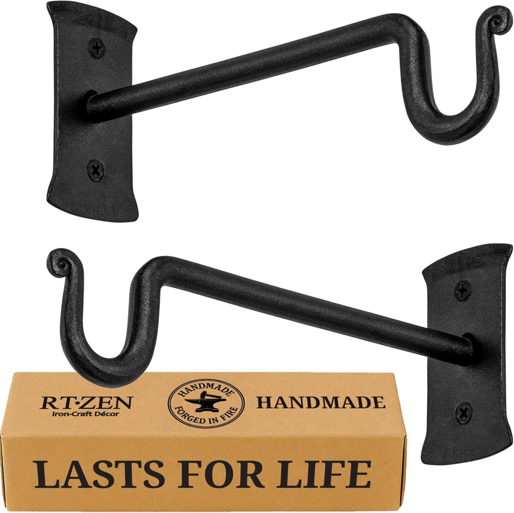 RTZEN Plant Hangers Indoor or Outdoor - Wrought Iron Metal Hanger Indoor Hook - Heavy Duty Wall Bracket Hooks for Hanging Plants Baskets Lanterns Wind Chimes - 2 Pack (Black Shepherds Hooks)