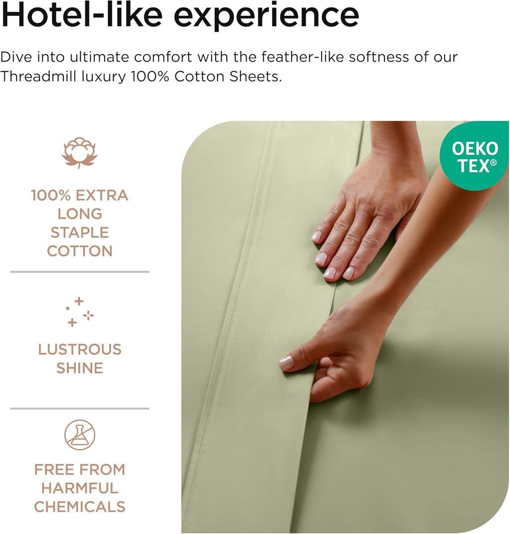 Threadmill 100% Cotton Sheets for Twin XL Size Bed - 600 Thread Count Twin XL Bed Sheets Set with 15” Deep Pocket - Sateen Weave 3-Piece Bedding Set with Cooling Effect, Sage Green