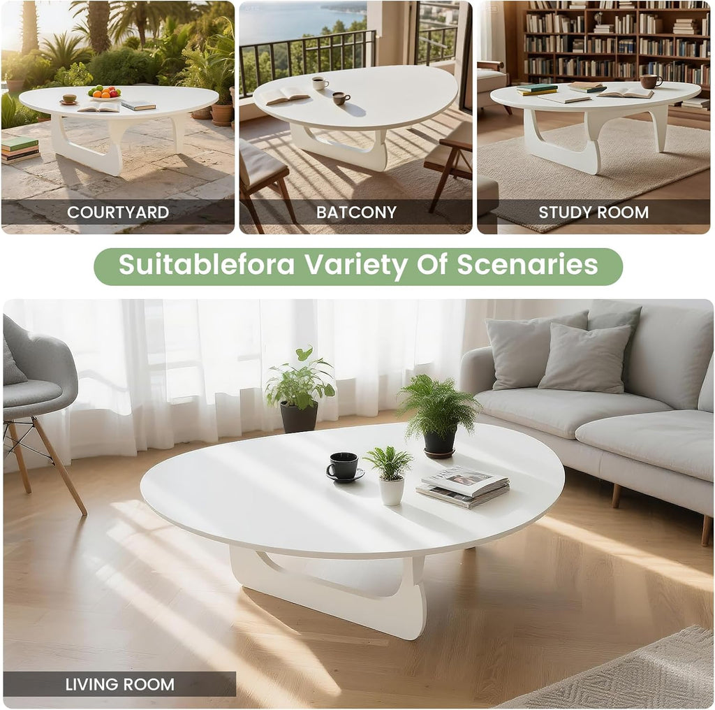 Solid Wooden Modern Triangle Coffee Table: Unique Funky Coffee Tables for Living Room, Oval Mid-Century Irregular Abstract Tea Tables for Patio Office Balcony Bedroom (White, 50" L x 31" W x 16" H)