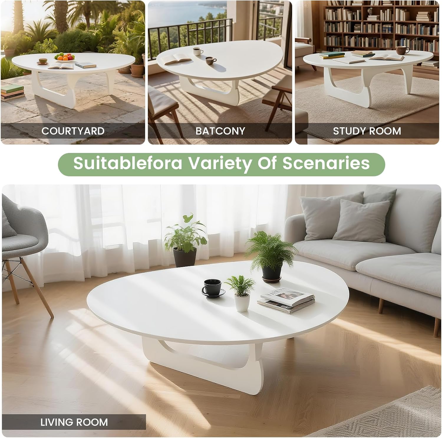 Solid Wooden Modern Triangle Coffee Table: Unique Funky Coffee Tables for Living Room, Oval Mid-Century Irregular Abstract Tea Tables for Patio Office Balcony Bedroom (White, 50" L x 31" W x 16" H)