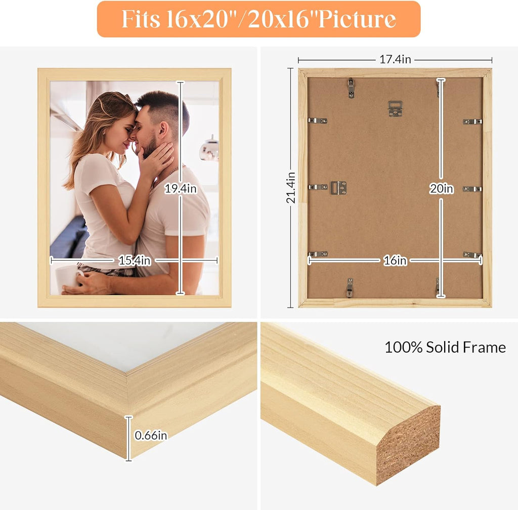 16x20 Wood Picture Frame, Rustic Natural 20x16in Woodgrain Frame, Modern Beige 16 x 20 inch Gallery Wall Photo Poster Frame with HD Plexiglass, Horizontal Vertical Wall Mounting Display 1pcs