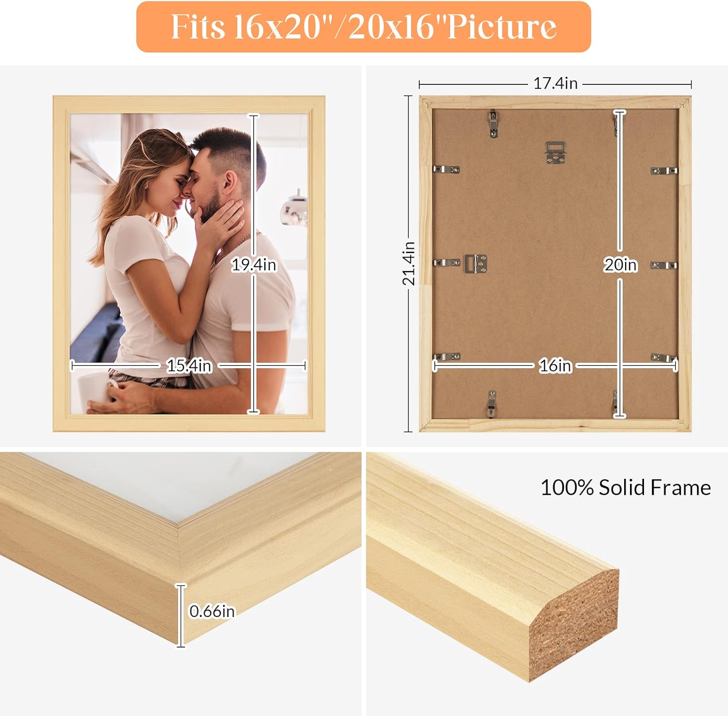 16x20 Wood Picture Frame, Rustic Natural 20x16in Woodgrain Frame, Modern Beige 16 x 20 inch Gallery Wall Photo Poster Frame with HD Plexiglass, Horizontal Vertical Wall Mounting Display 1pcs