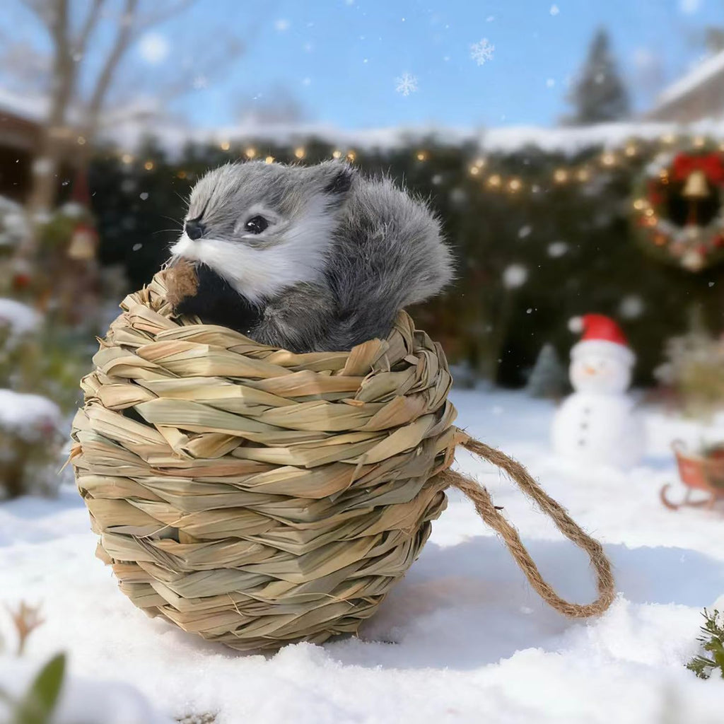 3D Forest Animals Ornaments for Christmas Tree Woodland Furry Animal Ornament Handmade Bird Nest with Plush Animal for Xmas Tree Faux Fur Animals Hanging Decoration (5" Nest & Grey Squirrel)