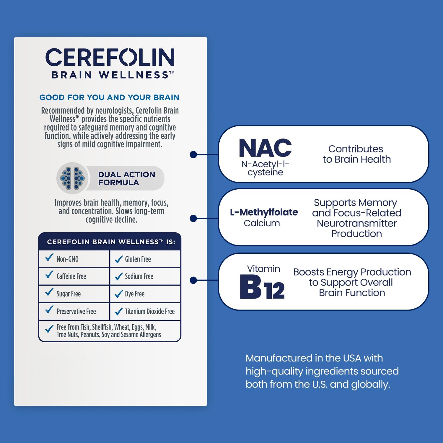 Brain Wellness, Targeted Nutrition for Cognitive Support, Improves Memory, Focus & Concentration, L-Methylfolate, NAC, B12, Neurologist Recommended (60 Count)