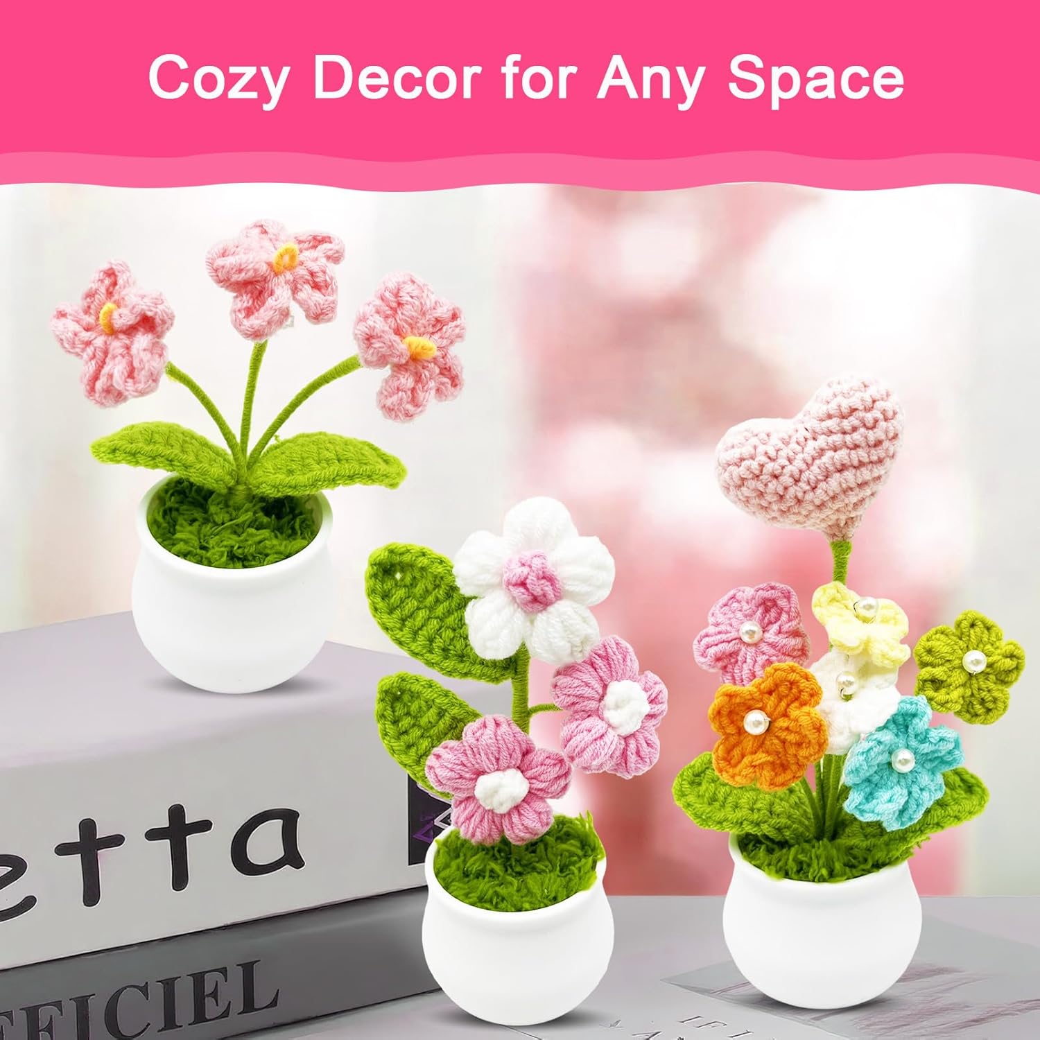 3pcs Crochet Flowers Cute Potted Flower,Mini Flower Bouquet for Mom Wife, Cute Desk Decor for Women,Artificial Handmade Flowers for Car Dashboard,Home Office Decoration (Color#8)