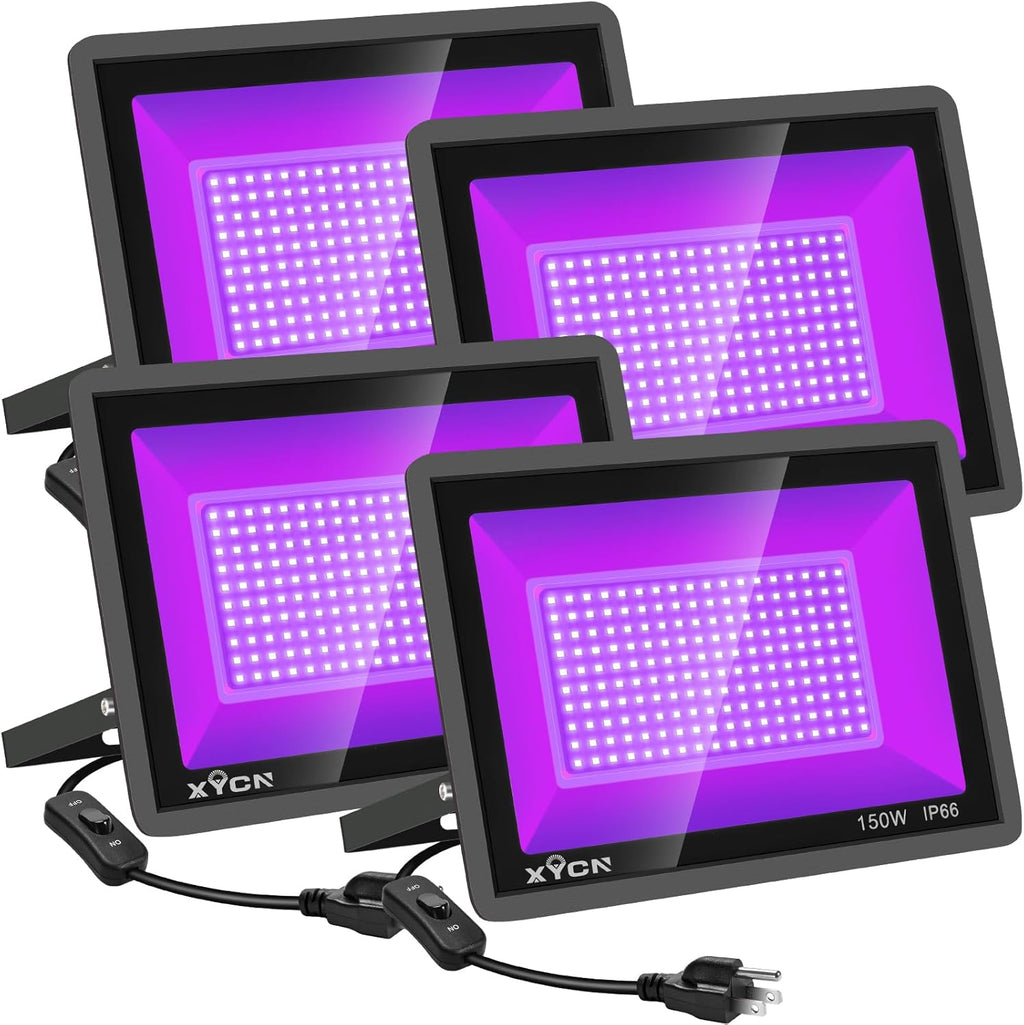 4 Pack 150W LED Flood Black Lights,395nm to 405nm UV Outdoor Flood High Power Blacklight Light with Plug in, IP66 Waterproof Large Black Light Spotlight for Glow Party Large Space, Halloween