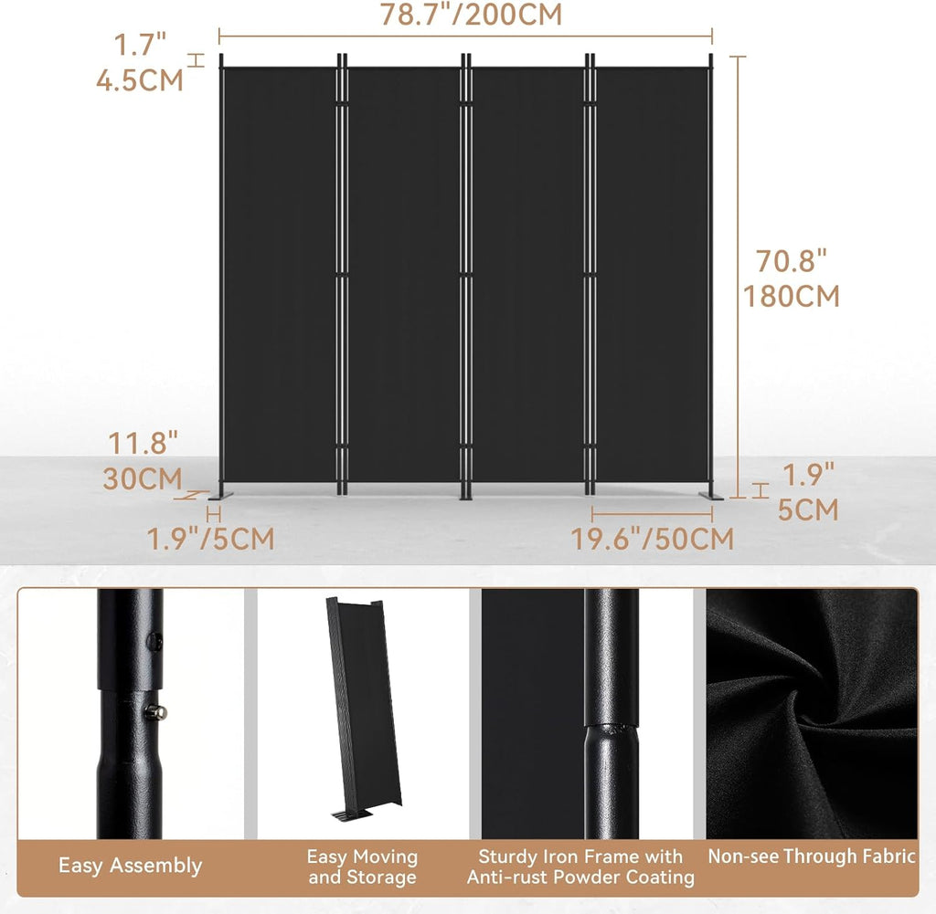 C-Hopetree 4 Panels Room Divider, 6 Ft Tall Indoor Folding Privacy Screen, Portable Partition Separator, Freestanding Separation Temporary Wall for Office, Bedroom, 80" W X 71" H, Black