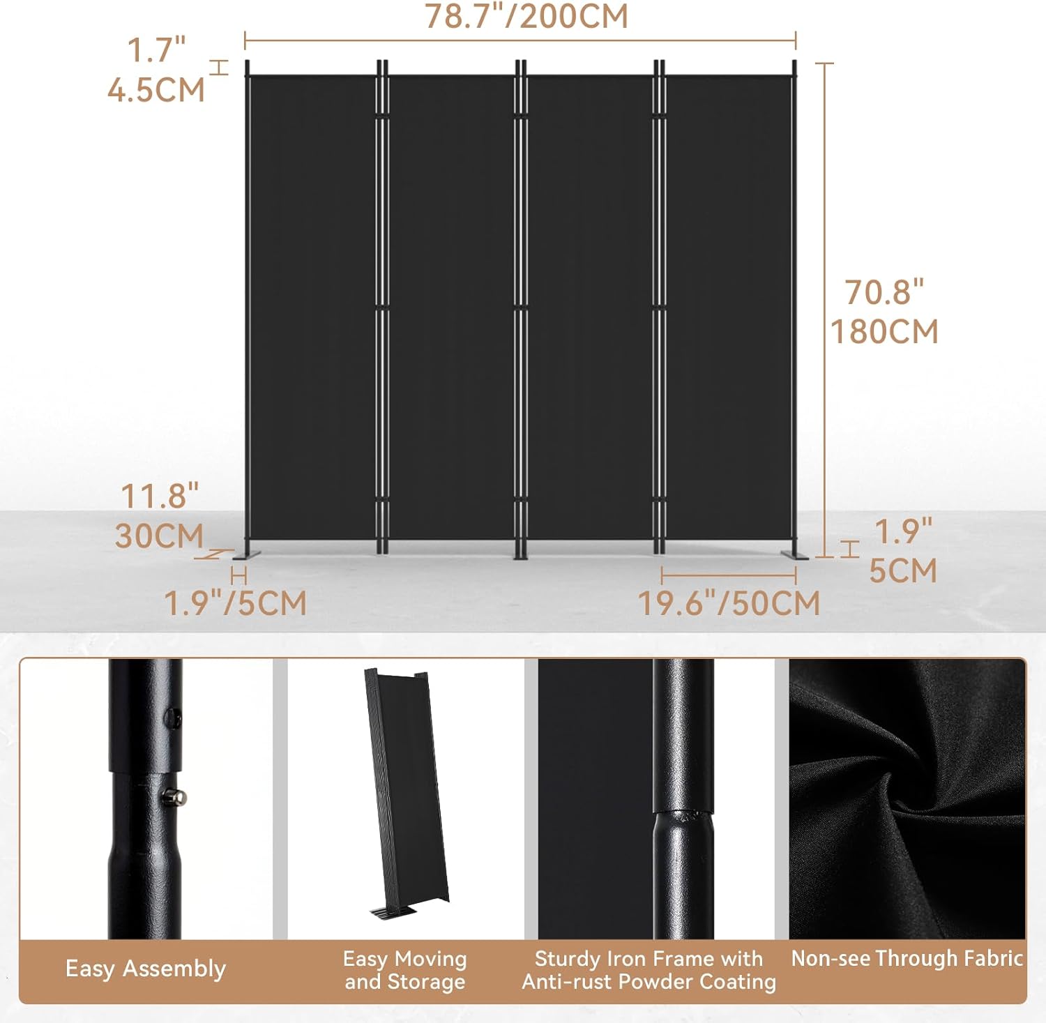 C-Hopetree 4 Panels Room Divider, 6 Ft Tall Indoor Folding Privacy Screen, Portable Partition Separator, Freestanding Separation Temporary Wall for Office, Bedroom, 80" W X 71" H, Black