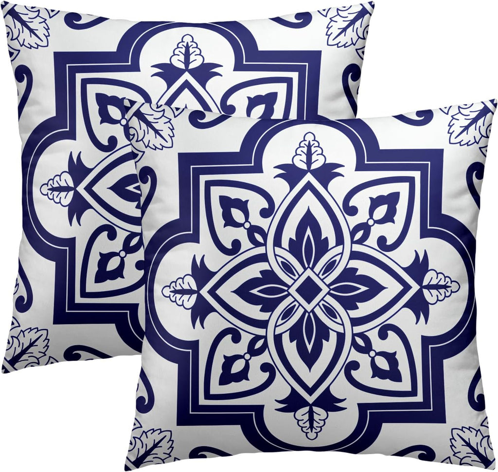 Blue-White Geometric Floral Throw Pillowcases Set of 2 All-Season Soft Pillow Covers with Hidden Zipper,Durable for Sofa Bed Car Decor & Gift 18x18Inch