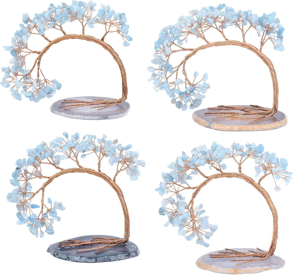 mookaitedecor Natural Aquamarine Crystal Money Tree Agate Slice Base Feng Shui Bonsai Crystal Tree for Wealth Luck Desk Decor, 4.5-5.2 Inch High