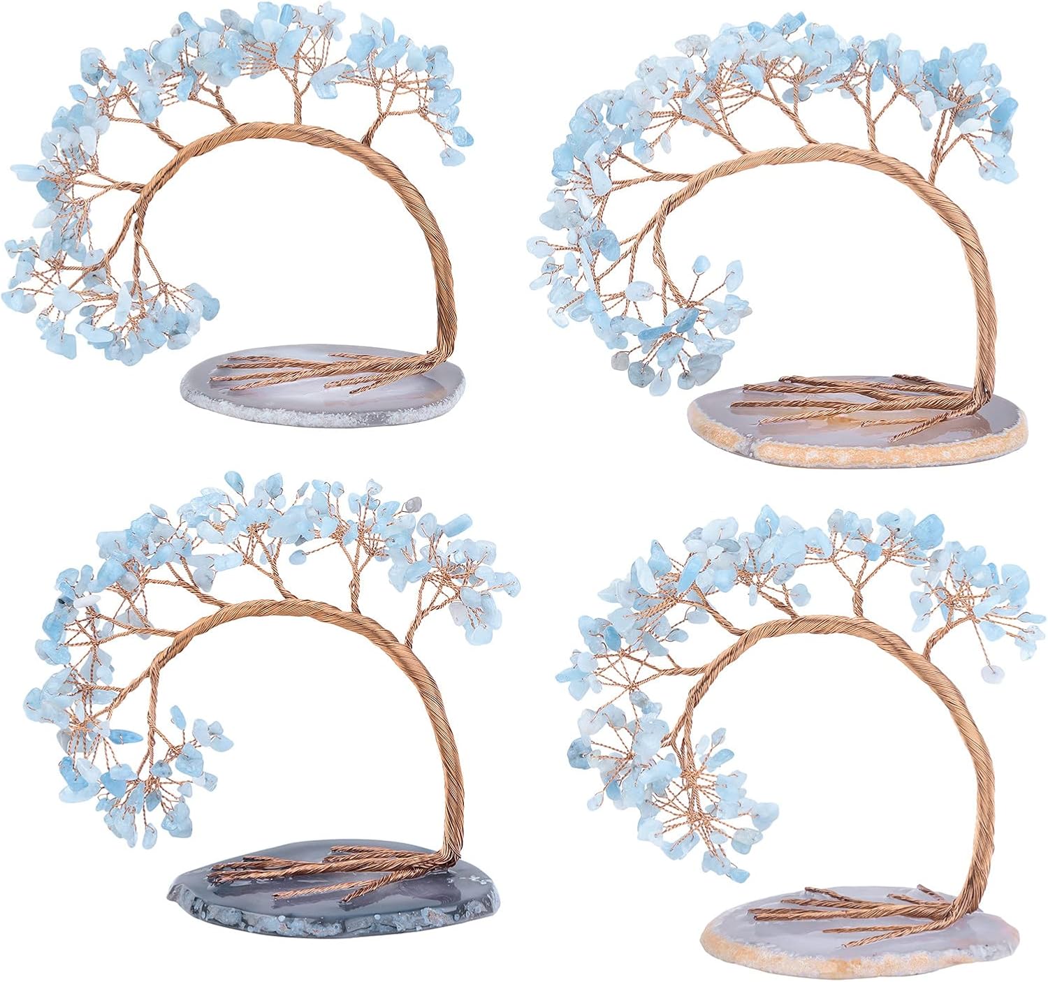 mookaitedecor Natural Aquamarine Crystal Money Tree Agate Slice Base Feng Shui Bonsai Crystal Tree for Wealth Luck Desk Decor, 4.5-5.2 Inch High