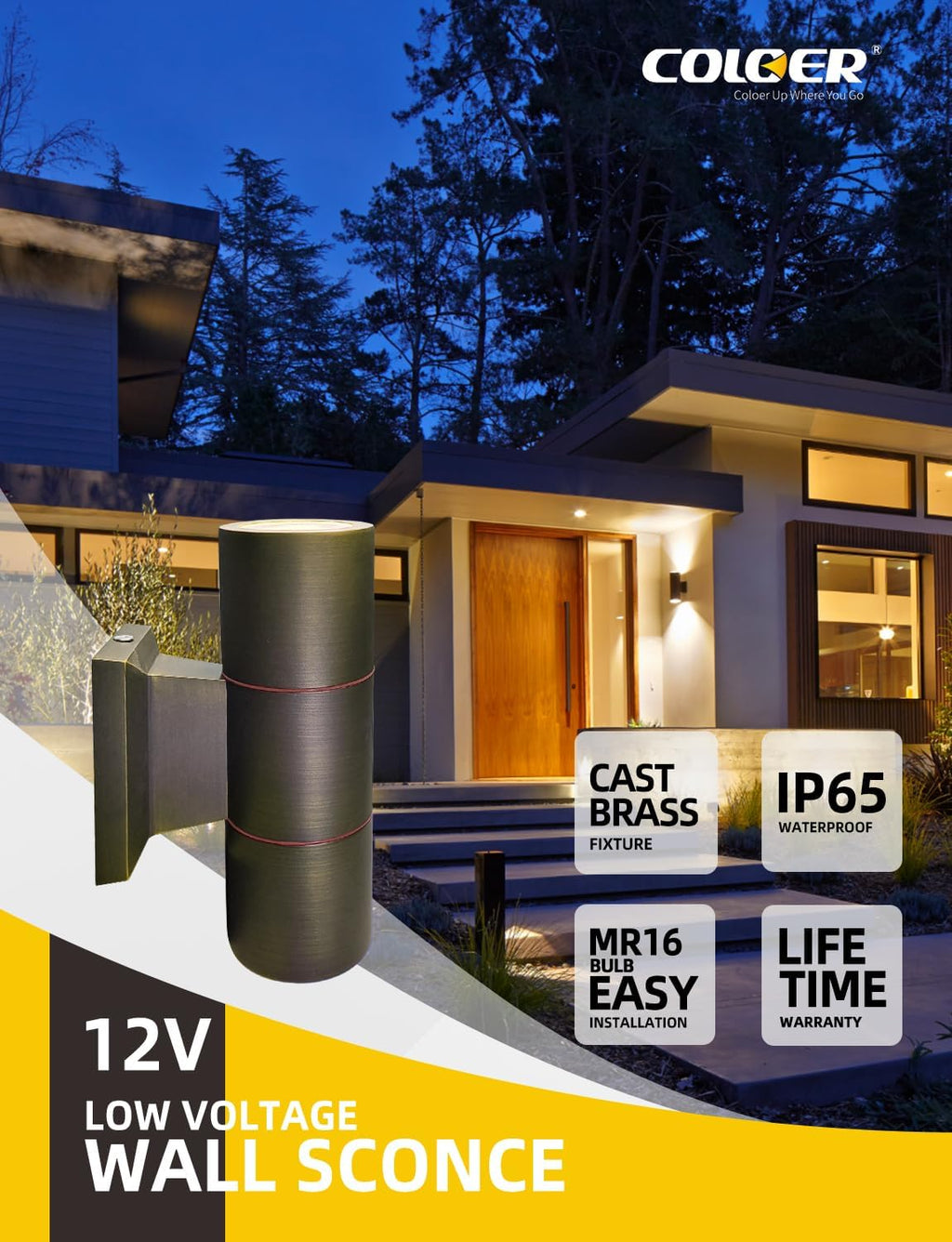 COLOER Brass Outdoor Cylinder Wall Lights(Bronze 6.875" H x 4.25" W) 6 Pack with LED MR16, 12V Low Voltage Porch Light in 2 Lights, 2700K Up Down Lights, Outside Light for House Porch Patio Door