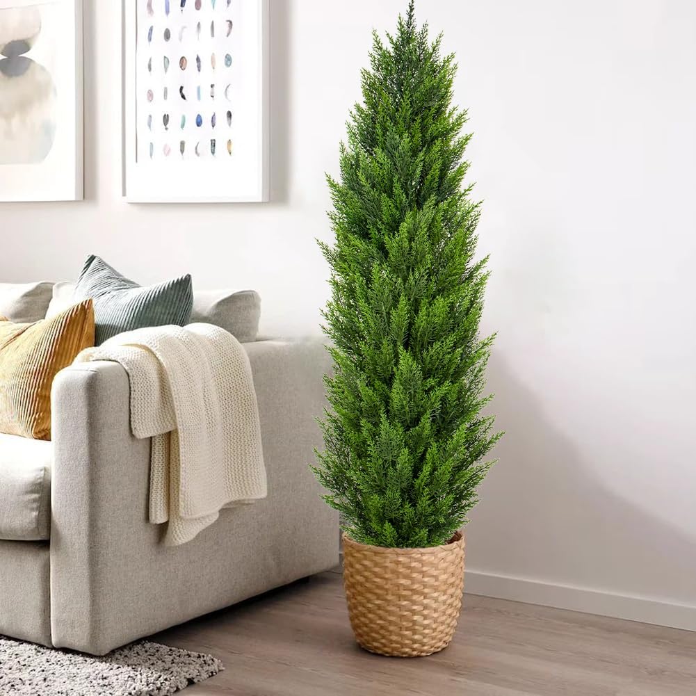 Briful 5ft Cedar Topiary Trees Artificial Outdoor Set of 2, Realistic Faux Cedar Pines with Pots, UV Resistant Christmas Greenery for Holiday Decor, Indoor Farmhouse Entryway Patio Door Plants