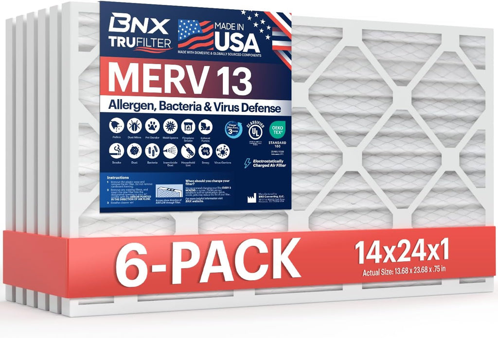 BNX TruFilter 14x24x1 Air Filter MERV 13 (6-Pack) - MADE IN USA - Electrostatic Pleated Air Conditioner HVAC AC Furnace Filters for Allergies, Pollen, Mold, Bacteria, Smoke, Allergen, MPR 1900 FPR 10