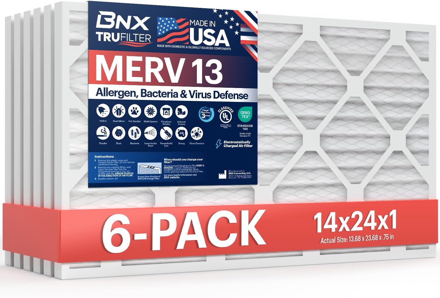 BNX TruFilter 14x24x1 Air Filter MERV 13 (6-Pack) - MADE IN USA - Electrostatic Pleated Air Conditioner HVAC AC Furnace Filters for Allergies, Pollen, Mold, Bacteria, Smoke, Allergen, MPR 1900 FPR 10