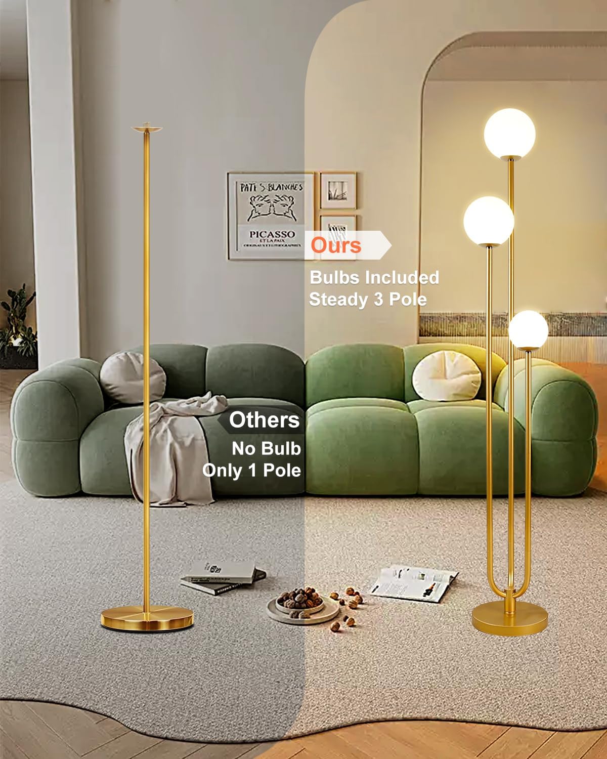 Lightdot LED Floor Lamp Gold Globe Floor Lamps with Shelf Mid Century Modern Standing Lamp for Bedroom Living Room Home Office-Candle Holder Style Soft Eye-Caring