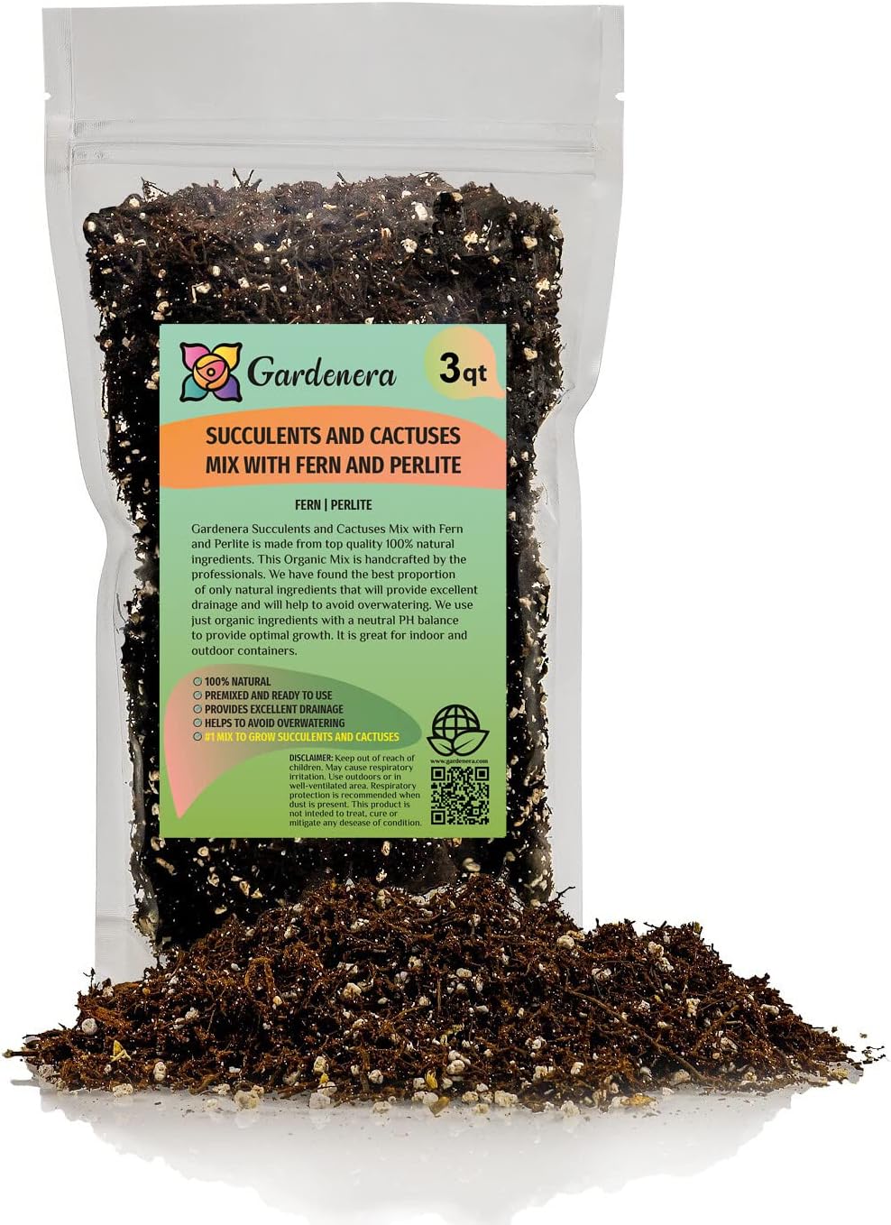 Gardenera Fern + Perlite Soil Mix for Repotting and Planting Succulents and Cactuses - 3 Quart Bag