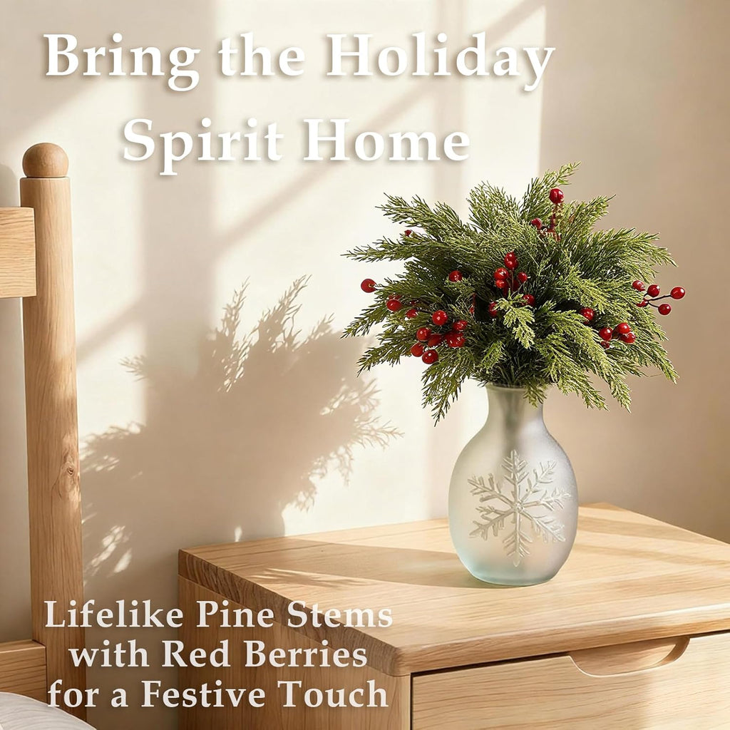 Artificial Pine Branches 17.7" Faux Cedar Pine Stem Fake Greenery Pines Picks with Red Berries Suitable for DIY Christmas-Themed Decorations and Styles