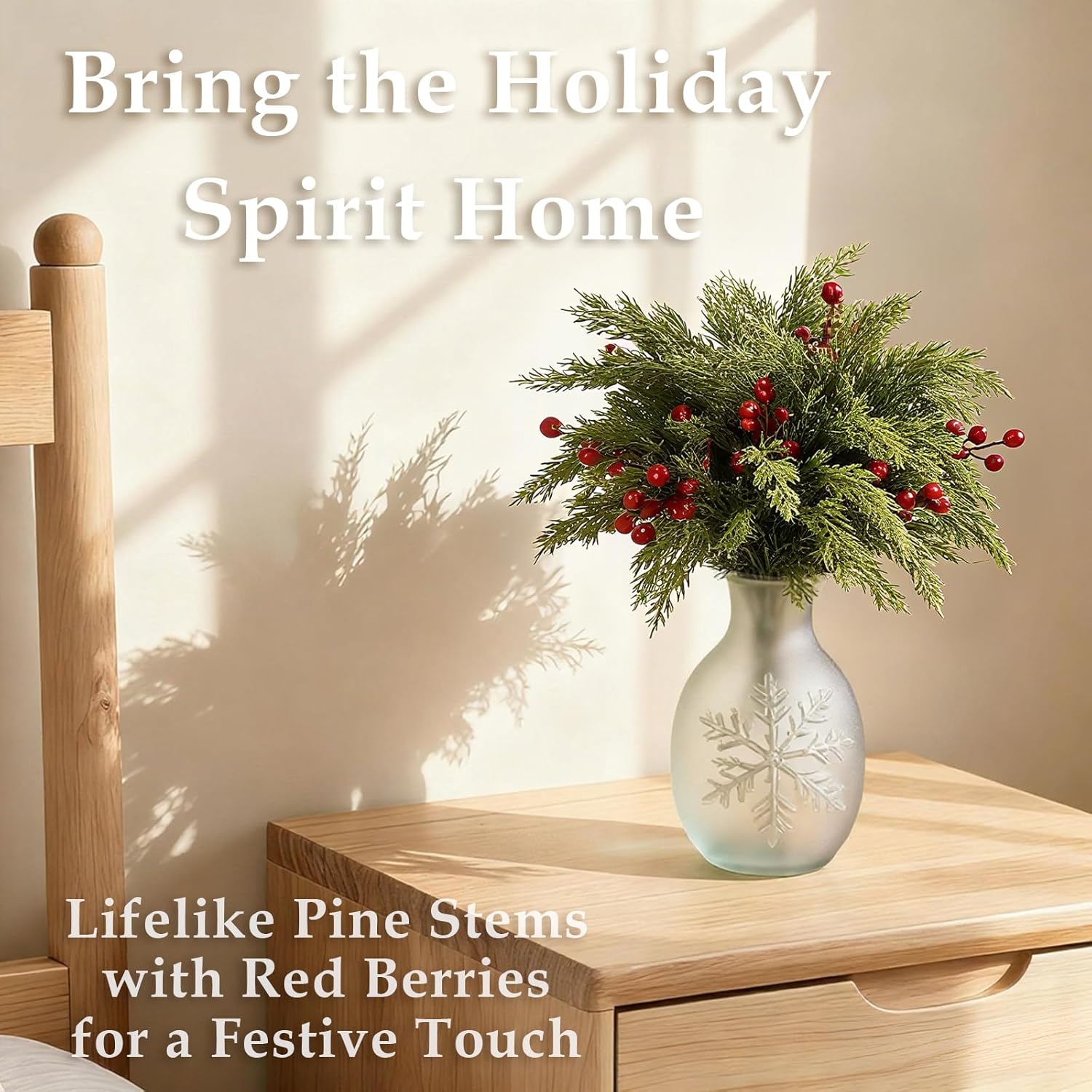 Artificial Pine Branches 17.7" Faux Cedar Pine Stem Fake Greenery Pines Picks with Red Berries Suitable for DIY Christmas-Themed Decorations and Styles