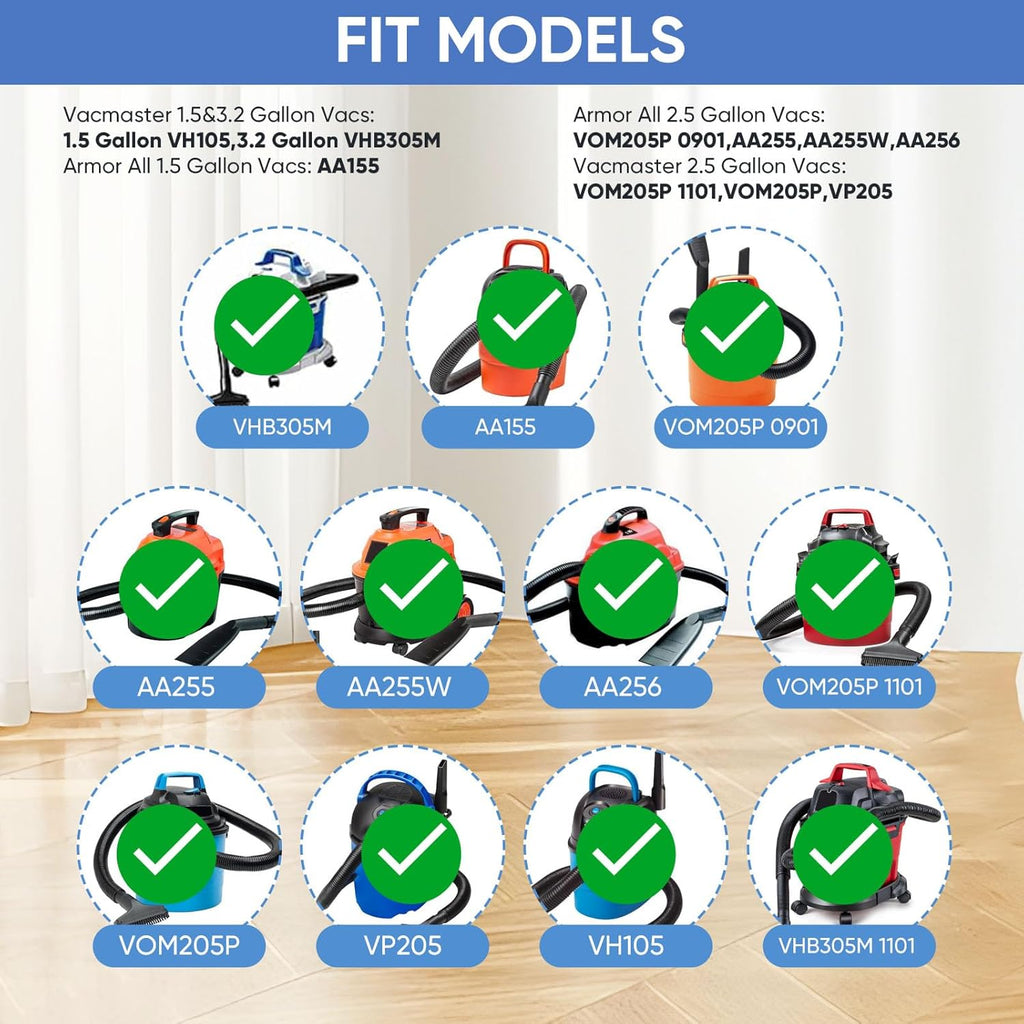 8 Pack VRC2 Cloth Filters + 2 Pack VFF21 Foam Filter Kit Compatible with Vacmaster 1.5 to 3.2 Gallon Wet/Dry Vacuums, Also Fit for Armor All 2.5 Gallon Shop Vacuums AA155 AA256 AA255