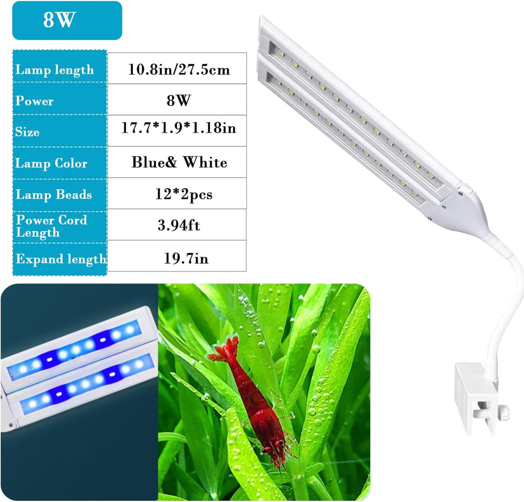 LED Aquarium Light Full Spectrum Clip Fish Tank Light Plants Light 360° Adjustable 2 Light Bar Super-Bright 8W Suitable for 20-40 Gal Fish Tank