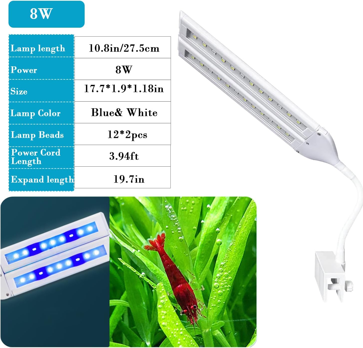 LED Aquarium Light Full Spectrum Clip Fish Tank Light Plants Light 360° Adjustable 2 Light Bar Super-Bright 8W Suitable for 20-40 Gal Fish Tank