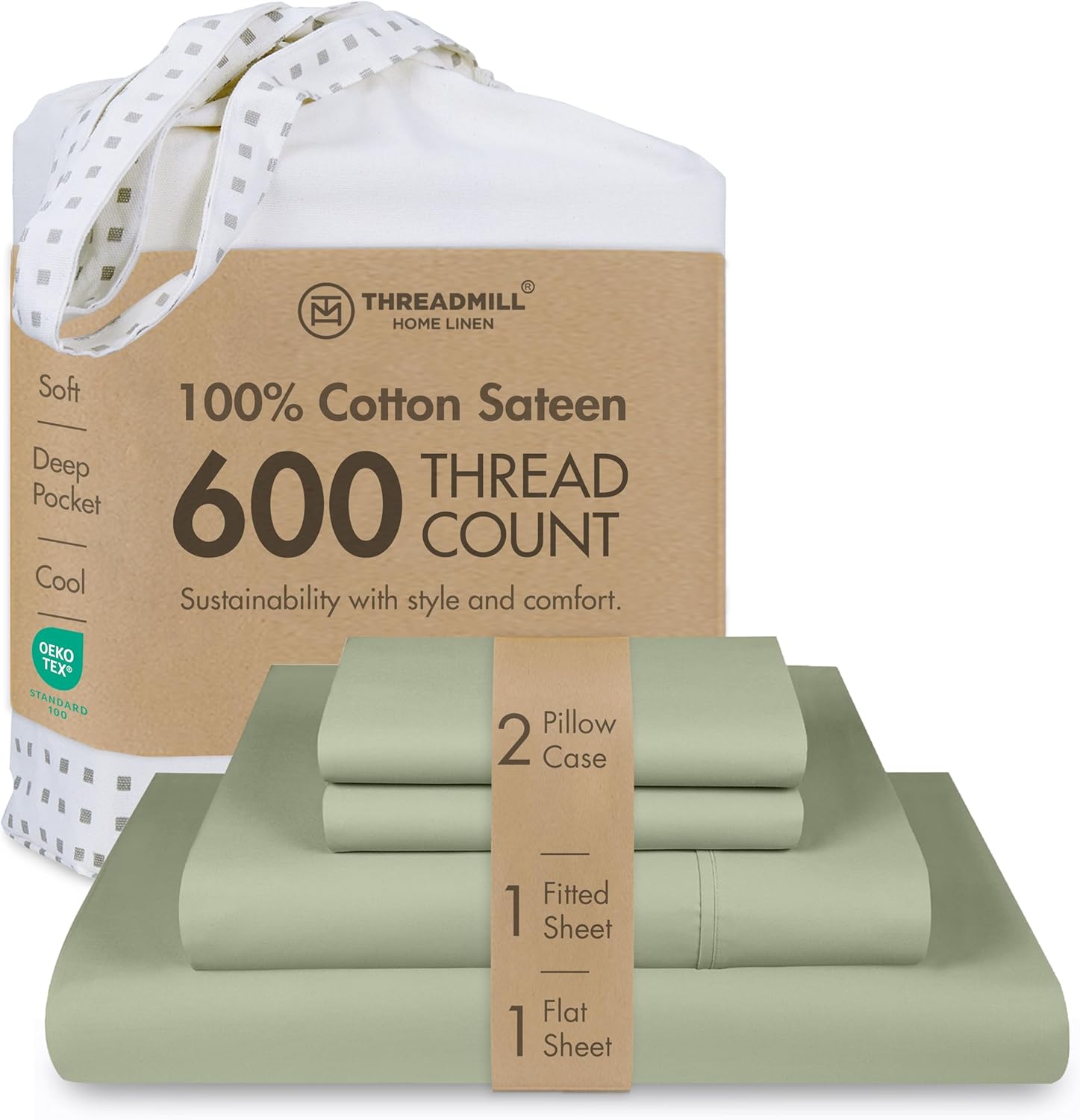 Threadmill 100% Cotton Sheets for Queen Size Bed - 600 Thread Count Queen Bed Sheets Set with 16” Deep Pocket - Sateen Weave 4-Piece Bedding Set with Cooling Effect, Sage Green