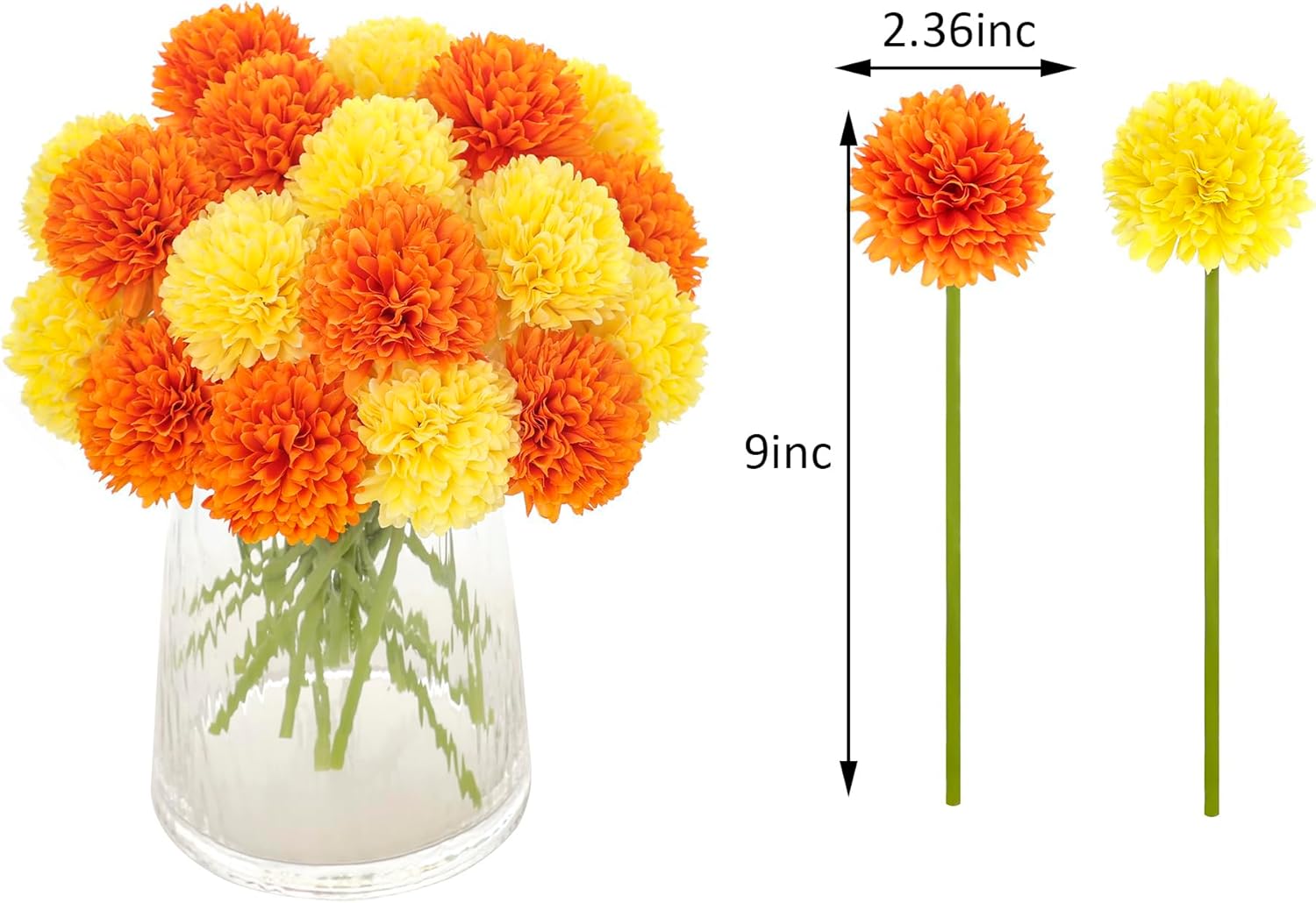 Kimura's Cabin 20Pcs Fake Silk Ball Flowers Artificial Chrysanthemum Faux Mums Bouquets Wedding Arrangements Halloween Thanksgiving Home Kitchens Table DIY Center Decoration (Orange Yellow)