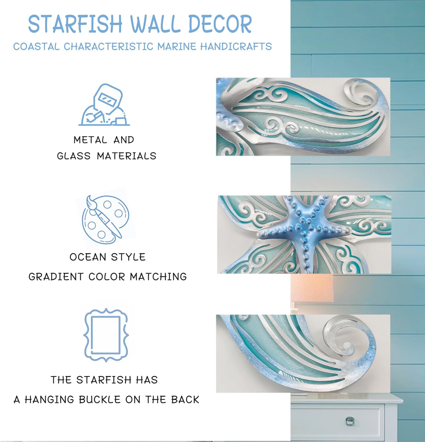 POXOHO Metal Starfish Wall Decor, Sea Life Coastal Decorations 12 inch Starfish Wall Art, Nautical Home Decoration Handing Ocean Beach Wall Art for Garden,Fence,Home,Patio,Kitchen,Bathroom,(Sky Blue)